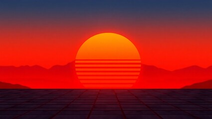 Obraz premium Retro sunset landscape with striped sun and tile floor