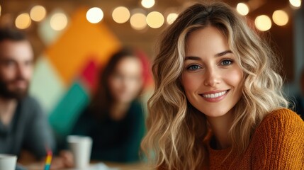 Fototapeta premium A cheerful young woman smiles brightly, radiating warmth and happiness, in a softly lit café space, evoking feelings of comfort and connection among friends.