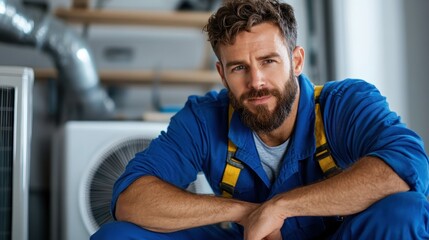 A rugged young technician with a beard kneels confidently, showcasing skill and professionalism in a modern workshop environment, ready for technical challenges ahead.