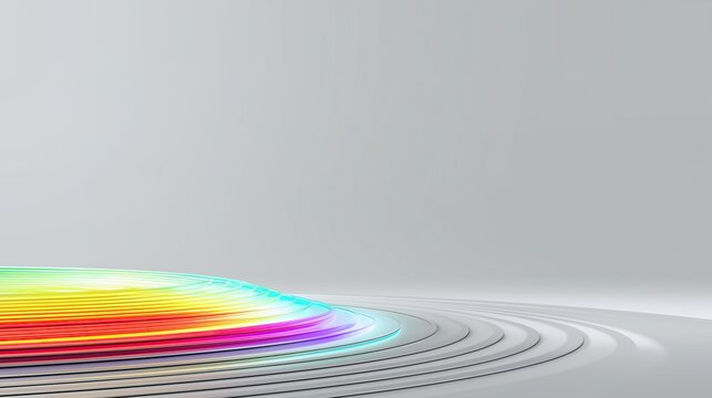 3D minimalist white background with vibrant rainbow lines, futuristic Cinema 4D style, curved shapes and linear perspective, high saturation colors