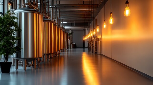 An atmospheric brewery hallway lined with copper fermentation tanks glows warmly with hanging lights, inviting the viewer to experience the craftsmanship behind brewing.