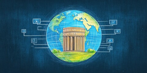 Global education technology digital world illustration. E knowledge in an online university environment. Internet network, digital information, virtual academic platform, modern communication,