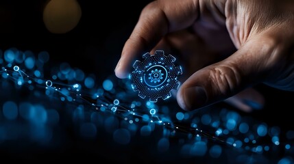 Glowing blue digital transformation gear icon with binary code stream floating between fingers against dark background with bokeh lights.