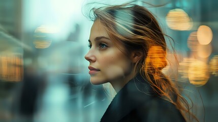 Fototapeta premium Young Caucasian woman with flowing hair in profile against blurred urban background with bokeh lights, wearing black coat, dramatic evening city atmosphere.