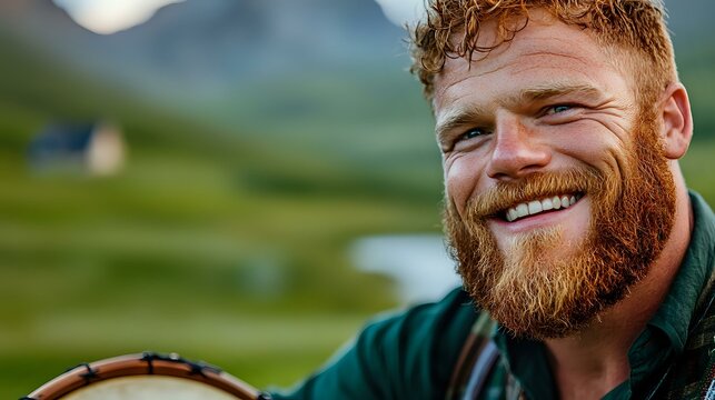 Cheerful redhead man with full beard smiling outdoors against mountain landscape background in green nature setting during golden hour sunset.