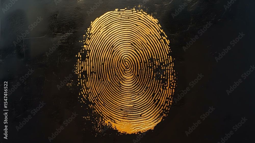 Poster golden fingerprint pattern glowing against dark background, detailed biometric scan visualization wi