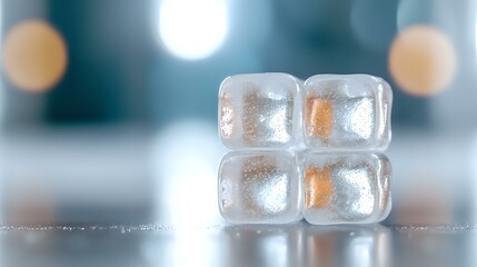 Frozen ice cubes with water drops and condensation arranged in square formation on reflective surface against blurred bokeh background in cool tones.