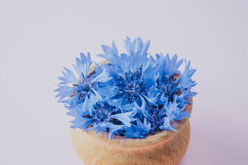 Centaurea cyanus flowers in wooden bowl on blue background