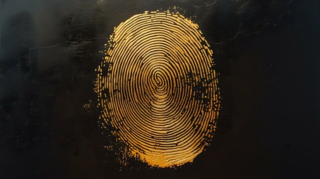 Golden fingerprint pattern glowing against dark background, detailed biometric scan visualization with concentric circular ridges and unique identifying characteristics. - Powered by Adobe