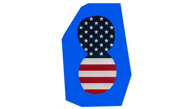 Abstract design featuring the American flag within a stylized, blue, geometric shape.