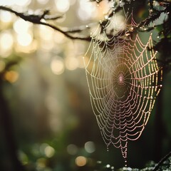 Close up view of a dew covered intricate spiderweb hanging from a tree branch at sunrise in a forest. The web is glistening with morning light, showcasing delicate details.