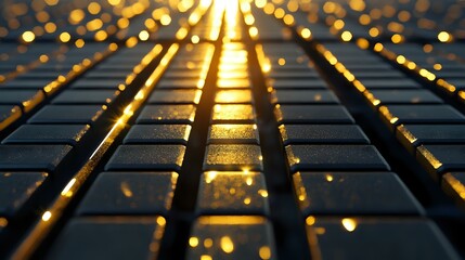 Dramatic perspective of wet cobblestone street illuminated by golden sunset light creating reflective patterns and bokeh effect. Atmospheric urban scene with converging lines.
