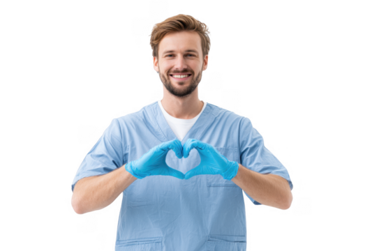 A smiling male healthcare professional in blue scrubs makes a heart shape with his hands against a plain white background. symbolizing care and compassion in a medical setting
