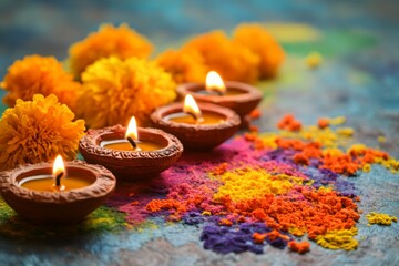 Close up view of five lit oil lamps arranged in a row on a textured surface, surrounded by vibrant orange marigold flowers and colorful powders. Warm lighting enhances the festive atmosphere.