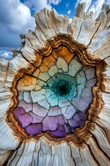 Obraz premium Colorful spiral pattern inside hollow tree stump with rainbow gradient from purple to turquoise, dramatic natural formation against blue sky with clouds.