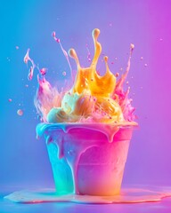 Multicolored frozen dessert explosion in a cup against a blue and purple background. The dessert is yellow, white, and pink, splattered dynamically.