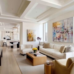 Fototapeta premium Bright living room with a large sofa, modern art, and light wooden furniture accents.