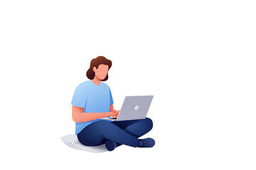 Boy Sitting Cross-Legged Using Laptop, Flat Vector Illustration on Transparent Background for Freelance, Education, or Remote Work Concepts
