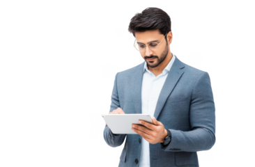 A professional man in a tailored suit and glasses is focused on using a tablet. standing against a clean white background. showcasing modern technology in a business context