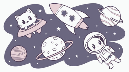 Adorable Kawaii space illustration featuring a cute astronaut, cat in a UFO, pastel rocket, and whimsical planets with stars. Perfect for kids' cosmic dreams.