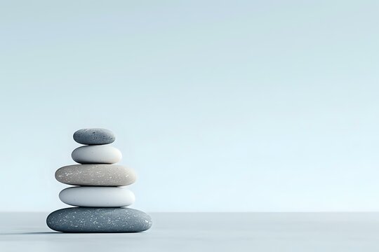 Balanced stack of smooth zen stones on light blue background creating harmony and tranquility, minimalist composition for wellness and meditation.