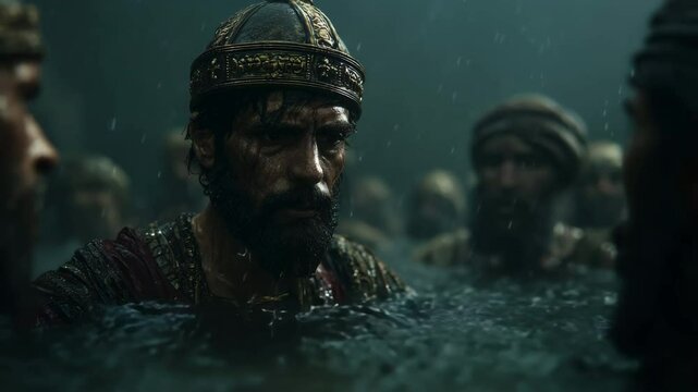 Soaked and solemn, Naaman emerges from the Jordan, his leprosy cured&mdash;surrounded by armored men witnessing the divine moment of healing. From the book of Kings in the Bible.