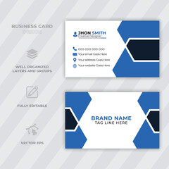 Modern and professional blue and white business card design template for creative professionals