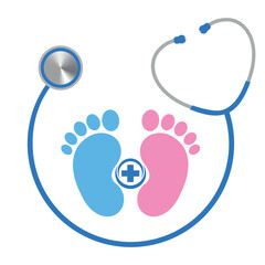 Illustration of stethoscope with footprints of newborn baby on white background