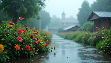 lush foliage, vibrant flowers, tranquil stream, wooden bridges, misty atmosphere, serene landscape, natural setting, cozy cabins, idyllic scenery, peaceful environment, 4K and HD image