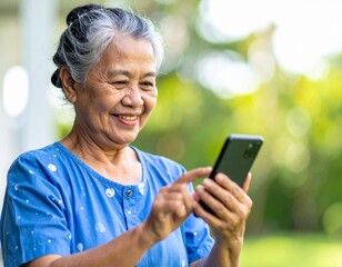 Obraz premium Elderly Woman Using Smartphone – Senior Technology and Lifestyle Concept