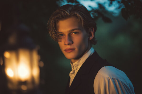 soft and elegant close-up of a young man with delicate features and parted ash-blonde hair, dressed in a white shirt and black vest. 