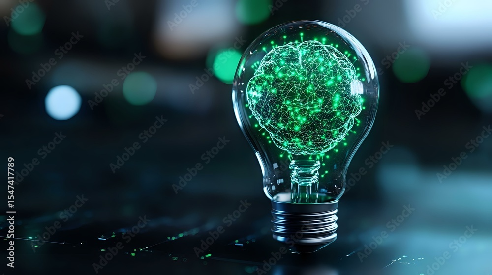 Poster glowing green neural network pattern inside light bulb on dark background with bokeh lights, represe