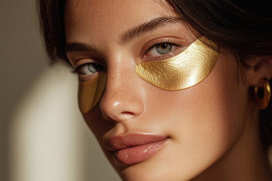 A close-up of a woman’s face with golden under-eye patches, embodying a minimalistic beauty routine. She gazes calmly into the camera, her skin fresh and glowing.  