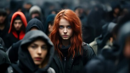 Young red-haired woman standing out in a crowd of hooded people, individuality, contrast, urban atmosphere.