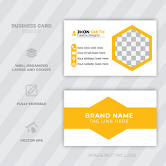 Modern business card design template with yellow and white color scheme for creative professionals