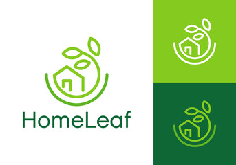 house and leaf logo. nature life home circle line art vector design concept