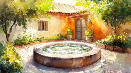 Fototapeta premium Serene water fountain surrounded by Mediterranean courtyard plants