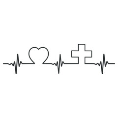 Linear illustration of medical cross and heart with pulse on white background