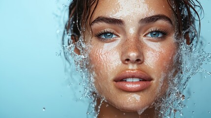 A stunning close-up of a woman's face, droplets of water cascading over her skin, conveying freshness, vitality, and natural beauty in a wonderfully serene and artistic manner.