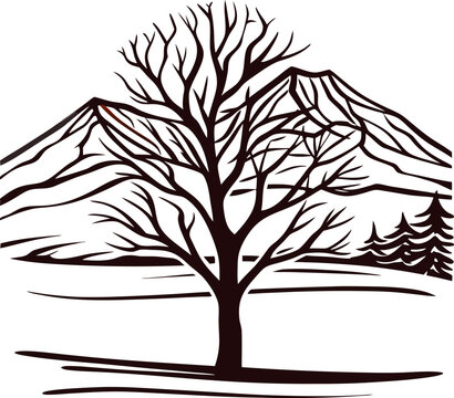 Bare winter tree silhouette with distant mountain landscape and conifer trees on white background  illustration