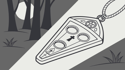 Black and white illustration of a mysterious, detailed pizza slice pendant with occult symbols including a cross and pentagram, illuminated by a spotlight in a dark, moonlit forest.