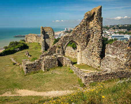 View west from inside the grounds of the ruins of Hastings Castle on top of West Hill east Sussex south east England UK