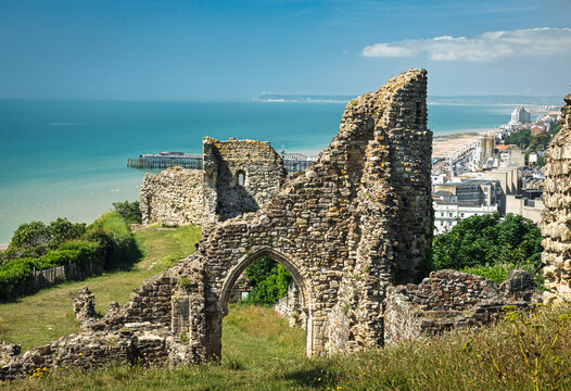 View west from inside the grounds of the ruins of Hastings Castle on top of West Hill east Sussex south east England UK