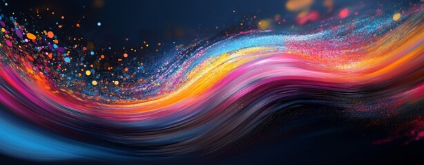 Abstract colorful wave of light particles on a dark background. Vivid hues, dynamic motion, and sparkling details create a vibrant digital art piece.