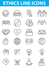 Ethics Line Icons,  Justice, Integrity, Fairness, Morality, Honesty, Responsibility,  equal rights, integrity badge Delivered in editable EPS, Ai, jpg  and transparent PNG formats.

