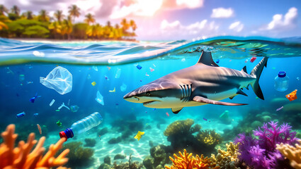 Pollution in Paradise: Shark and Floating Trash