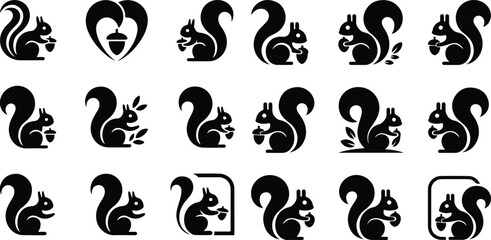 Nut-Holding Squirrel Vector Silhouette – Cute Wildlife Icons Squirrel Holding Nut Silhouette Set – Forest Animal Icon Pack