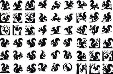 Nut-Holding Squirrel Vector Silhouette – Cute Wildlife Icons Squirrel Holding Nut Silhouette Set – Forest Animal Icon Pack