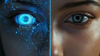 Half face of a woman featuring a digital eye alongside a human eye, illustrating the concepts of augmented reality, artificial intelligence, and advanced neural networks