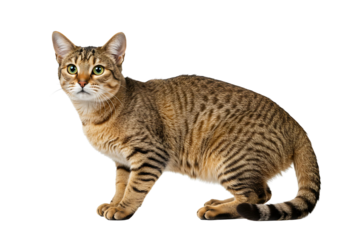 Wildcat or Feral Cat in Alert Stance, Striped Coat, Realistic PNG Illustration on Transparent Background